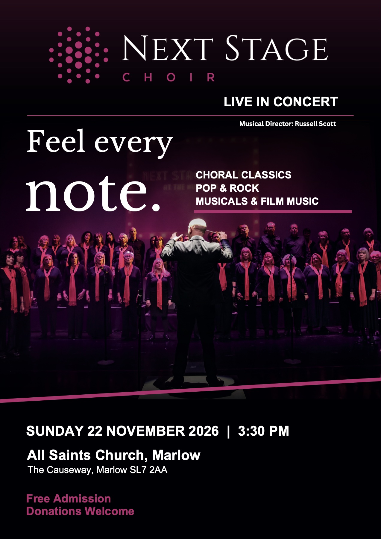 Feel every note — All Saints Church, Marlow, 22 November 2026 at 3:30 pm. Free admission; donations welcome.
